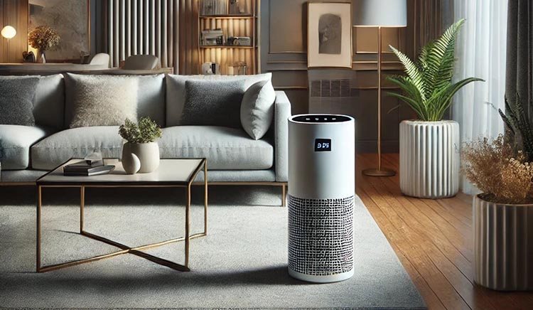 A room with air purifiers, sofa table pictures and a plant