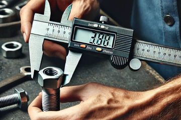 A man is showing how to measure a bolt size