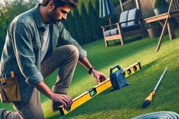 A man is showing how to measure yard slope grade