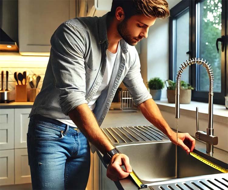 A kitchen sink and a man measuring the top