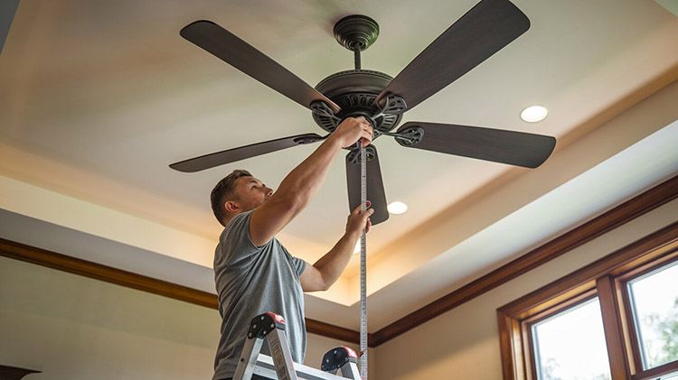 A man on ladder is showing how to measure a ceiling fan