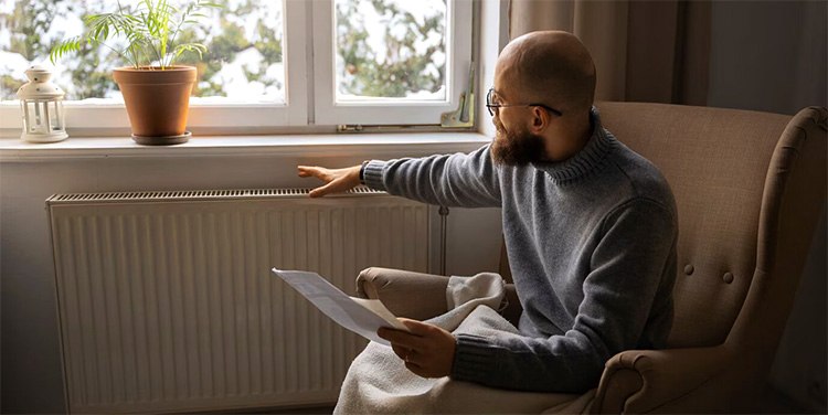 How to Measure Radiator Size Fast and Easy 4 A man sitting on a chair is heating his hands