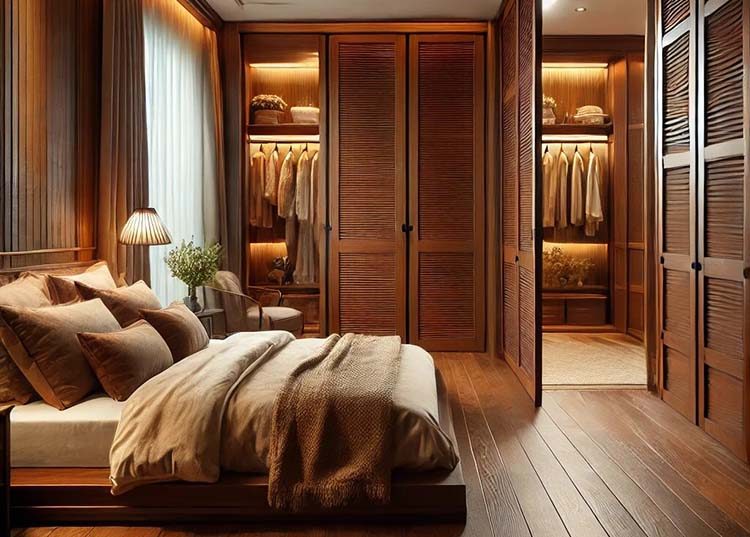 A bedroom with brown bifold doors
