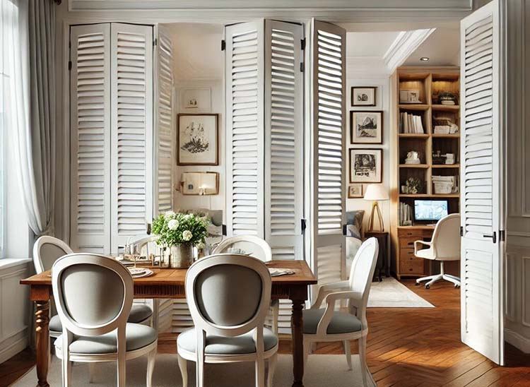 A living room with white bifold doors, table, chairs and plant